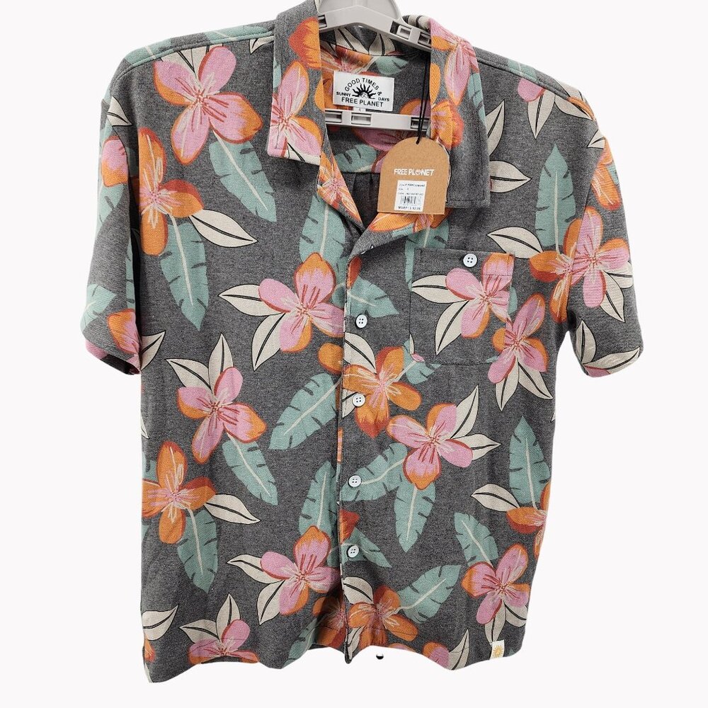 Free Planet Mens S Floral Button Up Shirt Short Sleeve Good Times Sunny Days